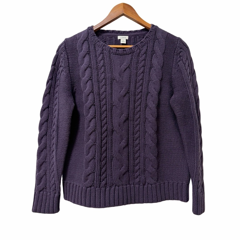 LL Bean Womens Cable Knit Crew Neck Pullover Sweater Size LP Purple Heavyweight